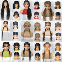 Perruque Tressée Boîte Sans Nœuds Carrée, Pleine Lace Front Double, Synthétique Légère Ombrée Marron Clair Tressée à la Main, En Gros