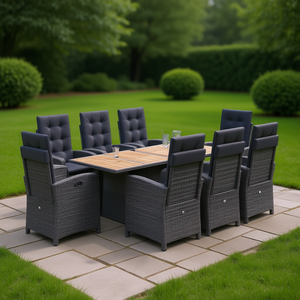 Dark <b>Grey</b> Rattan Garden <b>Dining</b> <b>Set</b> 8 Seater Teak <b>Table</b> Outdoor Furniture Contemporary Style Weather Resistant - Product Image 2