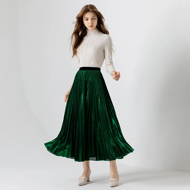 NA121 Fall long skirt Elegant undefined Sunray blue green Gray knit plus size Pleated skirt Party Casual Girls Women Skirts