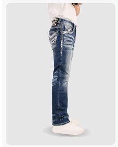 IN Stock Men’s Sanding Heavy Stitch Straight Leg Washed <b>Embroidered</b> Denim <b>Jeans</b> Mid Waist fashion <b>jeans</b> for men - Product Image 4
