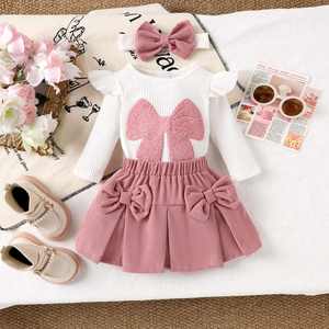 Conjunto Casual Lindo para Bebés Niñas: Pelele Blanco Acanalado de Manga Larga con Lazo y Falda Rosa para Primavera - Product Image 2