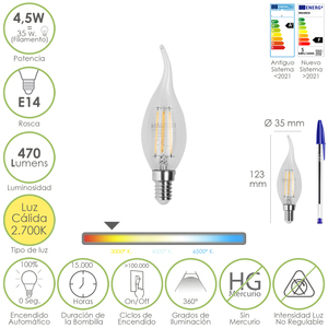 Bombilla LED con Filamento de Llama E14 4.5 vatios. Equivalente a 35 vatios. 470 lúmenes. Blanco Cálido 2700K. - Product Image 1