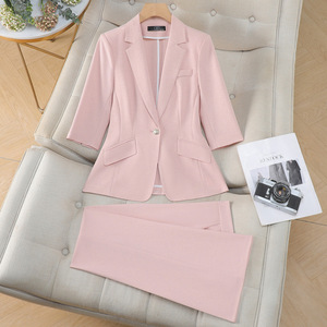 Women's Pink Three Quarter Sleeve Suit <b>Set</b> Satin Lightweight <b>Office</b> Lady Workwear Business Leisure - Product Image 1