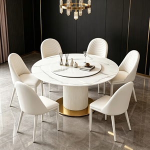 โต๊ะรับประทานอาหารหินเผาพร้อมถาดหมุนแบบ Lazy Susan, ฐานทรงกระบอกสีขาวลายร่อง, เก้าอี้รับประทานอาหารหุ้มหนัง PU สีขาวลายคลื่น - Product Image 5