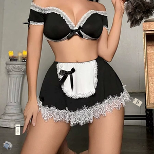 Ensemble de lingerie sexy de cosplay de femme de chambre française pour femme, avec soutien-gorge à épaules dénudées, mini-jupe et tablier à bordure en dentelle, tenue de nuit pour jeu de rôle - Product Image 1