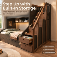Lit superposé en bois massif avec escalier de rangement, lit mezzanine double, lit superposé personnalisé pour chambre à coucher avec tiroirs et barrière de sécurité