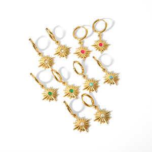 Pendientes Colgantes de Estrella Estilo Retro Europeo Americano, Acero Inoxidable Chapado en Oro de 18K con Piedras Naturales, Pendientes Circulares - Product Image 5