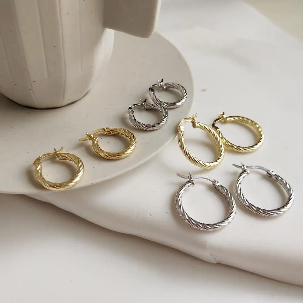 Perhiasan Pilin 18K untuk Wanita, Anting Lingkaran Perak Murni 925 Lapis Emas