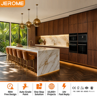 Ensemble complet d'armoires de cuisine minimalistes sur mesure en usine OEM, finition noyer foncé, panneaux HPL, avec îlot Calacatta Gold
