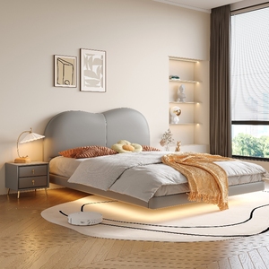 Lit double Yisi de style italien avec <span class=keywords><strong>dossier</strong></span> nuage <span class=keywords><strong>suspendu</strong></span>, cadre en <span class=keywords><strong>bois</strong></span> massif, acier inoxydable, moderne et minimaliste, en cuir - Product Image 4