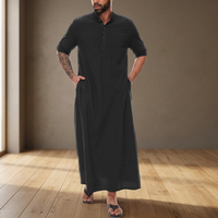 Thobe en coton noir pour homme, manches courtes, longueur cheville, coupe ample, style Moyen-Orient, couleur unie, respirant, pour usage quotidien décontracté