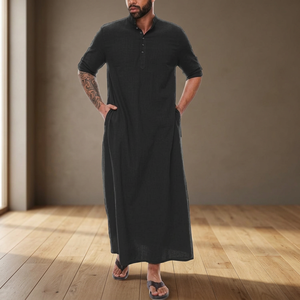 <b>Men's</b> Black Cotton <b>Thobe</b> Short Sleeve Ankle Length Casual Daily Wear Loose Fit Middle East Style Solid Color Breathable Robe - Product Image 3