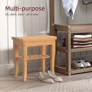 Tabouret de salle de bain en bambou 40x25.5x43cm, siège de douche antidérapant à deux niveaux avec rangement pour personnes âgées et usage spa - Product Image 4