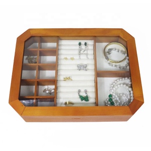 Casing tampilan oktagonal mewah untuk cincin, kotak Organizer penyimpanan perhiasan tipe Flip transparan kaca kayu padat - Product Image 3