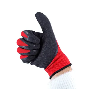 Gran oferta de fábrica, 13G, poliéster rojo, acabado de látex negro, guantes de trabajo de látex arrugados recubiertos de látex baratos para la construcción