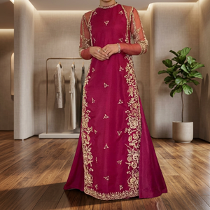 Women's <b>Casual</b> <b>Long</b> Kurta <b>Dress</b> with Crystal Bead Dabka Embroidery and Lace Work - Product Image 6