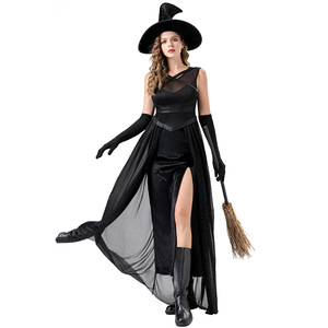 Disfraz de bruja para mujer, vestido largo negro con sombrero y guantes, traje de Cosplay para fiesta de Halloween, disfraz Sexy para escenario - Product Image 4