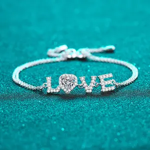 Valentijnsdag Cadeau 0.5ct Gra Letter Love Vvs D Kleur Verdikte S925 Sterling Zilveren Schakelketting Ronde Moissanite Armband