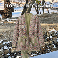 Veste matelassée décontractée pour femme Boh Creation, col en V, imprimé floral multicolore, manches longues, tissu tissé teint en pièce
