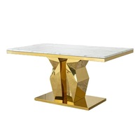 Ensemble de table à manger en marbre minimaliste de luxe léger, base géométrique en acier inoxydable plaqué or, forme rectangulaire, velours, hôtel, villa