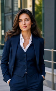 Traje de Tres Piezas Azul Marino a Medida para Mujer, Corte Entallado, Ropa de Oficina con Blazer Estructurado, Chaleco a Juego - Product Image 3
