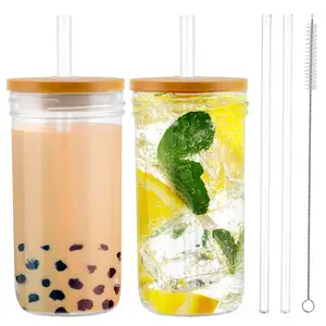 Cao Borosilicate Rộng Miệng Thủy Tinh Mason Jar Với Nắp Tre Kim Loại Rơm, Cốc Thủy Tinh Tái Sử Dụng Trà Sữa Ly