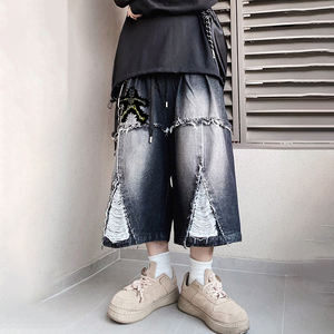 디즈뉴 2025 남성용 선 페이드 데님 반바지 빈티지 워시드 90년대 힙합 스타일 통기성 니트 스트리트웨어 청바지 셔츠 - Product Image 2