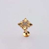 Gouden bloemvormige labret stud met platte achterkant, ASTM F136 titanium, intern gedraaid, piercing sieraad voor kraakbeen, helix, tragus, lip