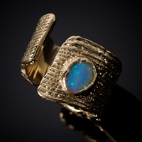 Bague ouverte vintage en laiton texturé avec opale ovale, large bande, bijou tendance pour femme, taille 7
