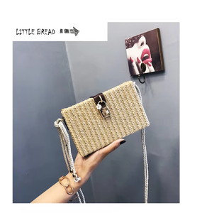 Bolso de Hombro Tejido Estilo Bohemio Chic para Mujer, Inspirado en <span class=keywords><strong>Bali</strong></span>, de Paja y Ratán, con Cadena Metálica, Cierre Hecho a Mano, Reciclado - Product Image 4