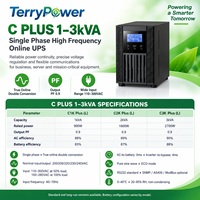TerryPower C1-3K PLUS 1KVA/2KVA/3KVA 12V9Ah Aki Timbal Asam Fasa Tunggal Online UPS Konversi Ganda PF 0.9 LCD RS232 Proteksi Tegangan Lebih