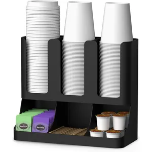 Organizador de almacenamiento de bolsas de té y café con 6 compartimentos, soporte personalizado para tazas de papel y tapa para sala de estar, tienda minorista