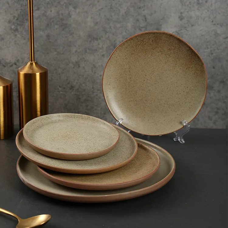 Modern custom unique speckle glazed home hotel catering round stoneware dinner plate set luxury ceramic plates for restaurant