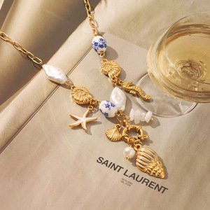 Collar de Moda 2026 de Acero Inoxidable con Baño de <span class=keywords><strong>Oro</strong></span> de 18K, Esmaltado, con Conchas, Perlas y Estrellas de Mar para Mujer - Product Image 5