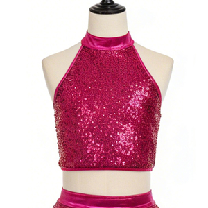 ชุดเต้นแจ๊สสำหรับเด็ก ชุดเต้นบนเวทีเด็ก เสื้อครอปสีชมพูสดแบบผูกคอ พร้อมกระโปรงสเก็ตเตอร์ สำหรับฮิปฮอปและเชียร์ลีดเดอร์ - Product Image 3