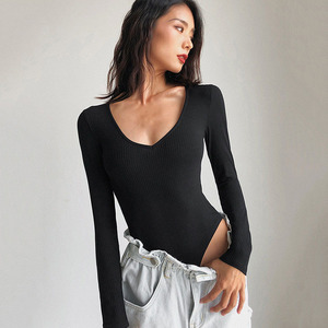 Body en tricot pour femme, manches longues, col en U, taille haute, coupe ajustée, couleur unie, automne-hiver, sous-vêtement - Product Image 2