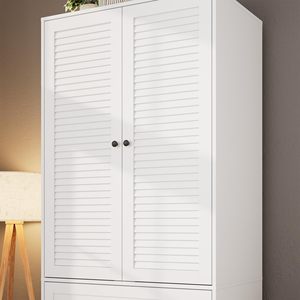 Armoire moderne blanche à 2 portes à persiennes, 3 tiroirs, autoportante, en bois, pour chambre à coucher, rangement de vêtements RTA - Product Image 6