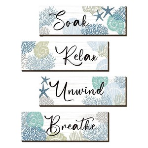 Ensemble d'ornements muraux en bois KingWIN, 4 pièces, thème océan, décoration de salle de bain, panneau artisanal rectangulaire, décoration de la maison - Product Image 5