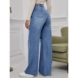 Jeans pour femmes à taille haute, coupe droite ample, déchirés, streetwear, denim bleu clair tendance - Product Image 5