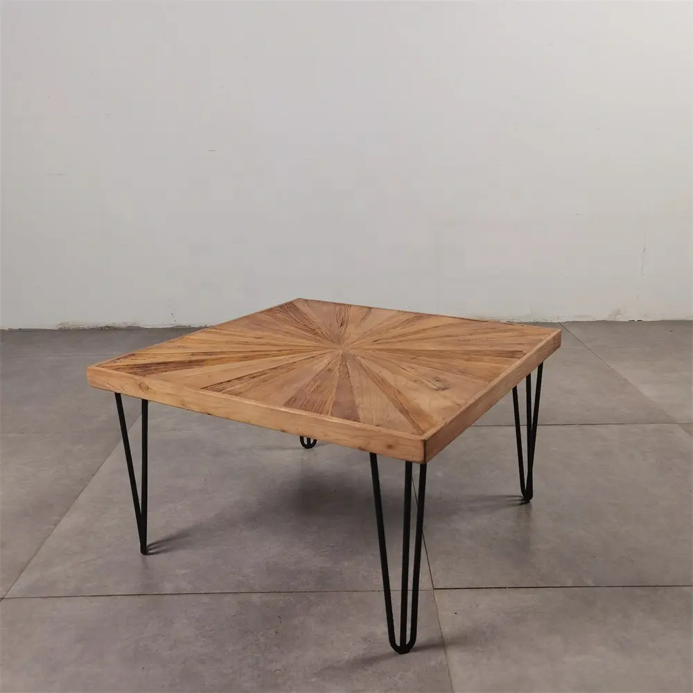 Table basse en bois massif style antique moderne, pieds en fer, vintage, meuble de salon