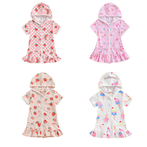 Traje de Baño con Capucha y Cremallera para Niñas, Traje de Baño de Manga Corta con Estampado Floral para Niñas, Traje de Baño para Playa y Piscina - Product Image 1
