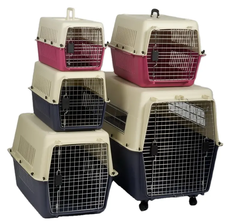 New Plastic Outdoor Iron door Pet Carrier airline transport box Travel Box flight Cage pet kennel transport cage with wheel