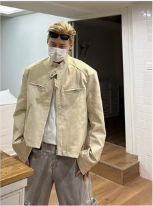 جاكيت رجالي من الجلد الصناعي (PU) بتصميم أمريكي ريترو، بياقة قائمة، بسحاب، كبير الحجم، كاجوال، للربيع والخريف - Product Image 2