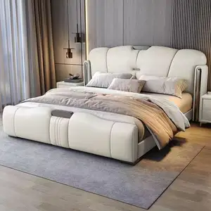 意大利设计白色软垫平台床现代家具卧室特大床现代奢华意大利皮革最小