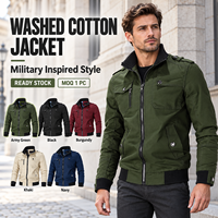 Veste en coton lavé pour homme, col montant, fermeture éclair intégrale, manches longues, couleur unie, confortable, décontractée, vêtements de travail, extérieur, printemps, automne