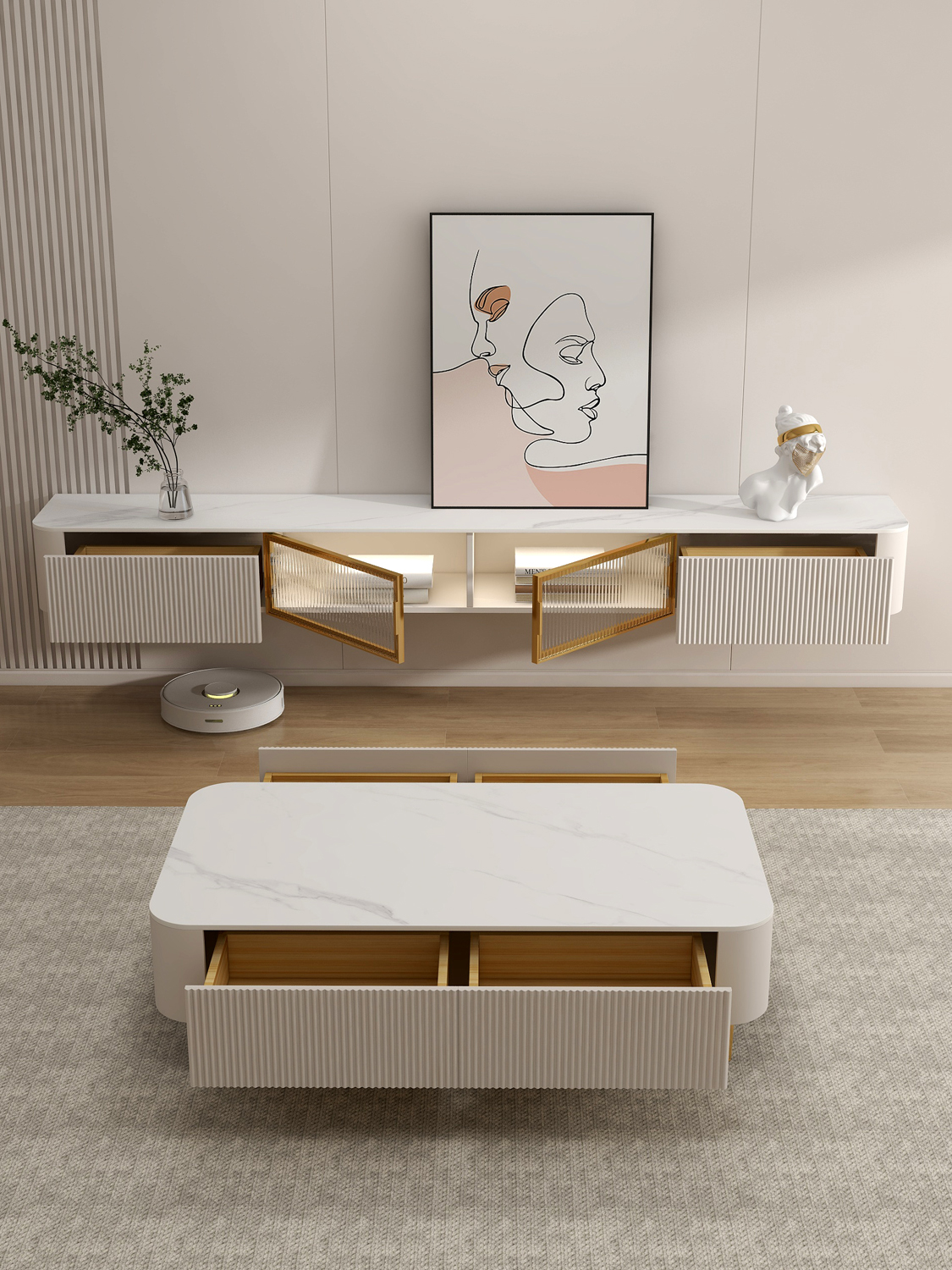 modern luxury marble tv wall unit with led lights