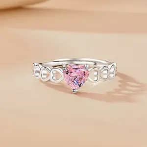 S925แหวนเงินสเตอร์ลิงสำหรับผู้หญิงหรูหราน้ำหนักเบาหยดน้ำแหวนหัวใจพีชน่ารักแฟชั่นรูปหัวใจสีชมพูสูง
