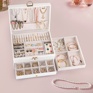 3-Tier Leather Jewelry <b>Box</b> with Lock Large Jewelry Organizer with <b>Drawers</b> for Rings Necklaces & Earrings - Product Image 2