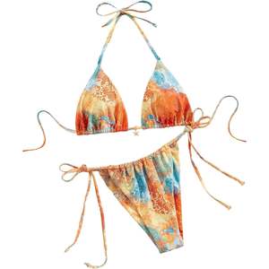 ชุดบิกินี่ลายดอกไม้สไตล์โบฮีเมียนสำหรับผู้หญิง แบบสามเหลี่ยมผูกคอ สายผูกข้าง ชุดว่ายน้ำสองชิ้น ชุดชายหาดสำหรับฤดูร้อน - Product Image 1