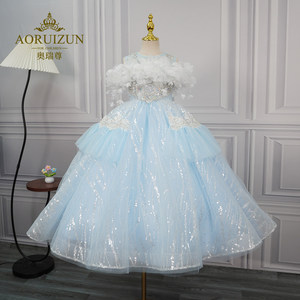 strapless open back dress Luxury Sky Blue Baby Flower Girl Dresses Beaded Arab Pearls J072 main image 0